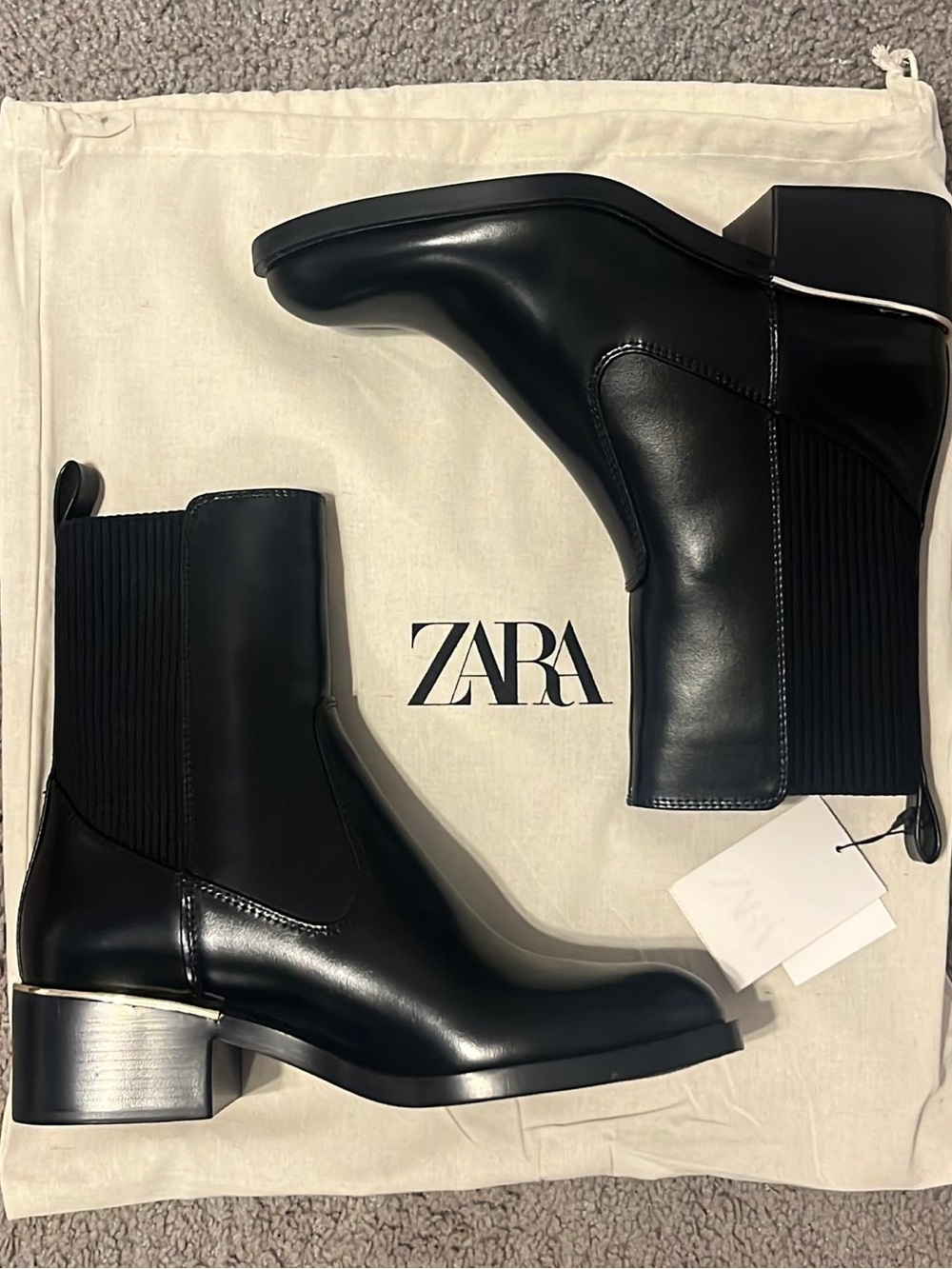 ZARA Black Leather Chelsea Ankle Boots with Silver Heel Accent